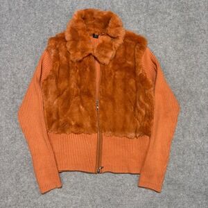 Capri Womens Orange Faux Fur Front Ribbed Knit Zip Up Cardigan Sweater Large